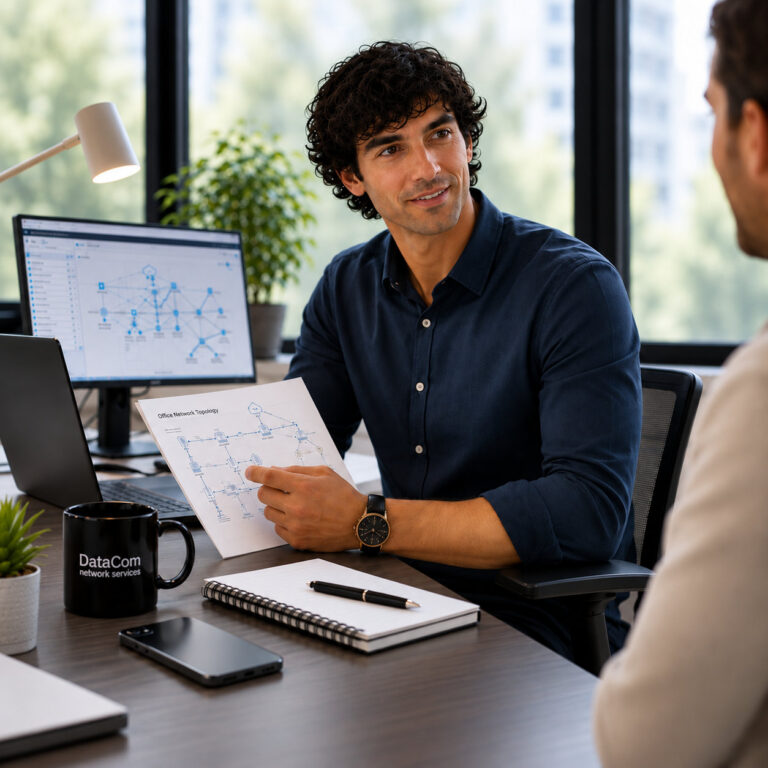 Man reviewing a technology project with customer