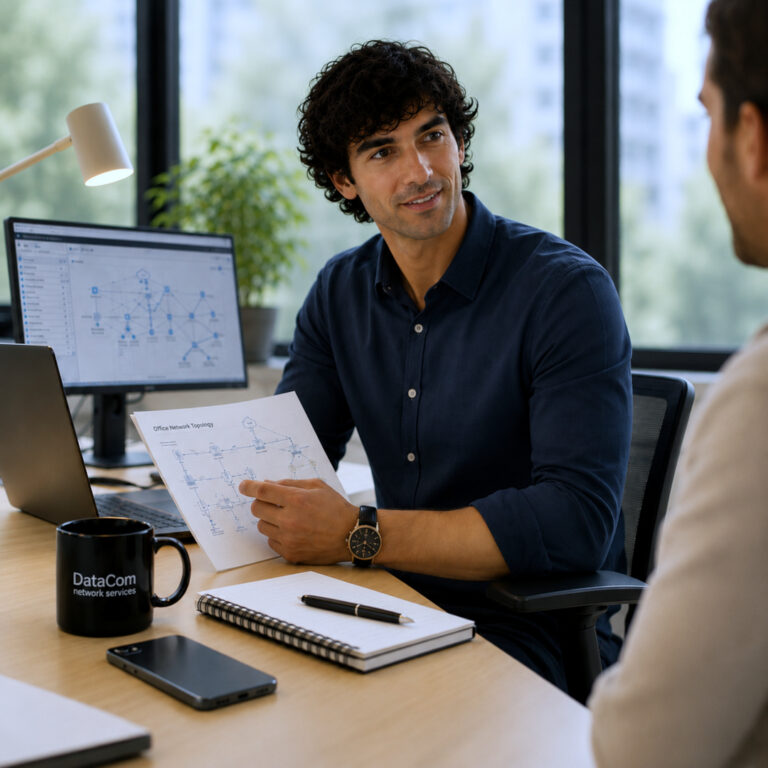 DataCom technology consultant reviewing a network design with a client
